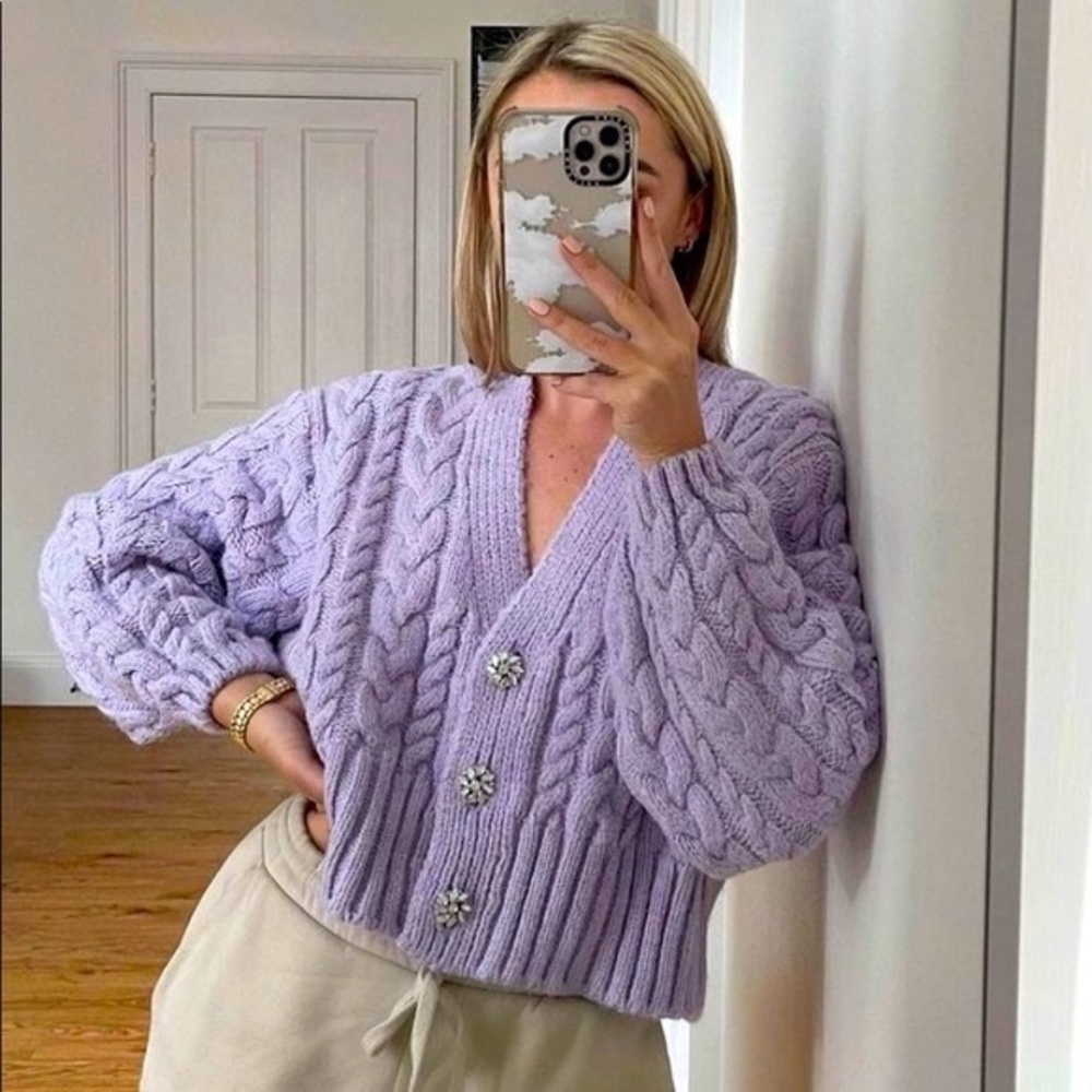 Zara Purple Cable Knit Cardigan with Jewel Buttons